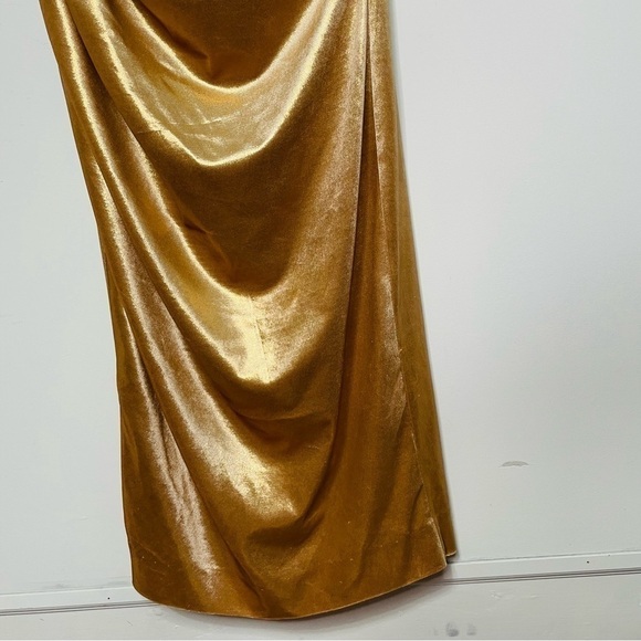 Metallic Gold Shimmer Holiday Draped Velour Ruched Fitted Asymmetrical Dress - Picture 4 of 12